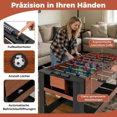 2 v 1 otočný herní stůl Kicker & kulečníkový kombinovaný stůl s nohami, tága, trojúhelník, kartáč, křída, hnědý, 138 x 61 x 84 cm