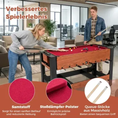 2 v 1 otočný herní stůl Kicker & kulečníkový kombinovaný stůl s nohami, tága, trojúhelník, kartáč, křída, hnědý, 138 x 61 x 84 cm