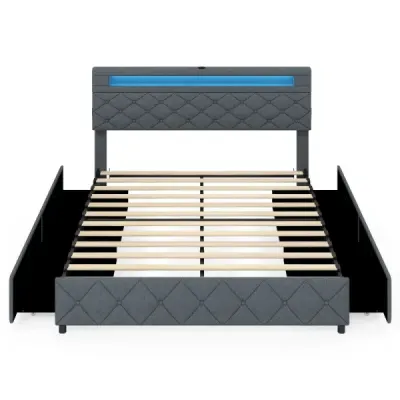 Čalouněná postel 160 x 200 cm s LED osvětlením, nabíjecí stanicí (2 USB porty), rámem pro manželskou postel se zásuvkami, šedá