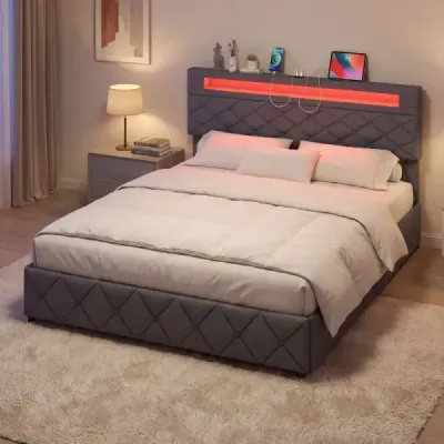 Čalouněná postel 160 x 200 cm s LED osvětlením, nabíjecí stanicí (2 USB porty), rámem pro manželskou postel se zásuvkami, šedá