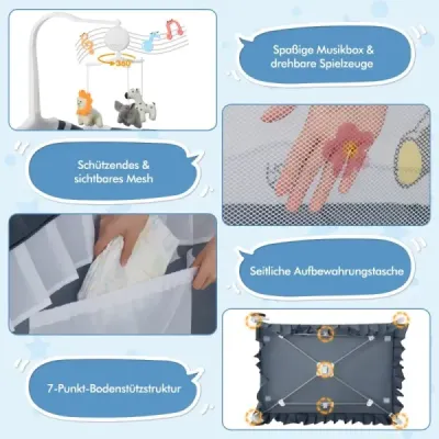 Dětská postýlka 4 v 1 s odnímatelným nebesem, cestovní postýlka s matrací, boční postel s kolečky, šedá