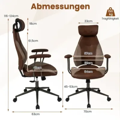Ergonomická kancelářská židle, počítačová židle se semišovou látkou a opěrkou hlavy, hnědá