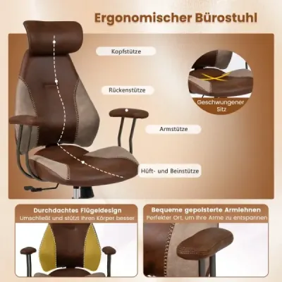Ergonomická kancelářská židle, počítačová židle se semišovou látkou a opěrkou hlavy, hnědá