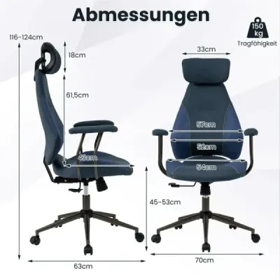 Ergonomická kancelářská židle s lněnou látkou a nastavitelným opěradlem a opěrkou hlavy, kancelářská židle, modrá