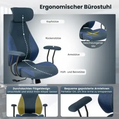 Ergonomická kancelářská židle s lněnou látkou a nastavitelným opěradlem a opěrkou hlavy, kancelářská židle, modrá