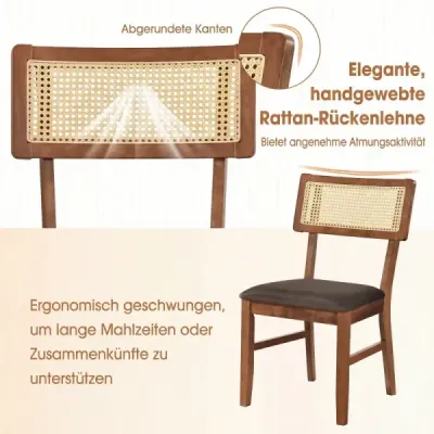 Jídelní židle, sada 2 ks, čalouněné jídelní židle s ručně tkaným ratanem a opěradlem, hnědá