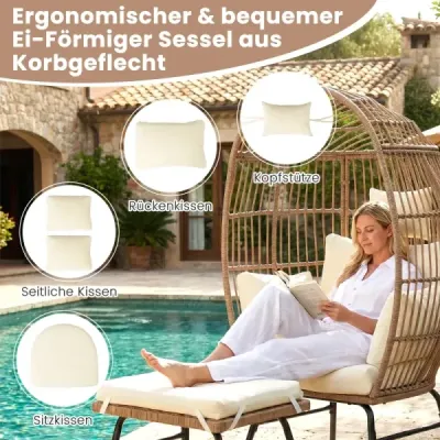 Zahradní křeslo vejce, ratan s podnožkou, lehátko s pohodlnými polštáři a čalouněním, ratanové křeslo béžové barvy