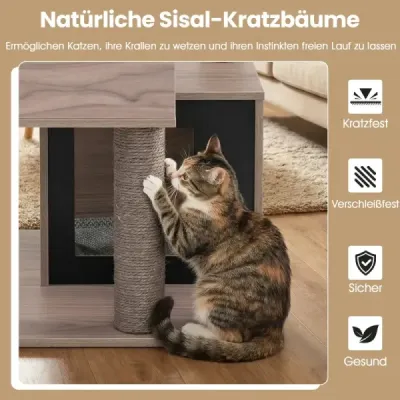 Moderní vnitřní škrabadlo pro kočky, 94 cm, vícepatrová dřevěná věž se sisalovými škrabadly, šedá