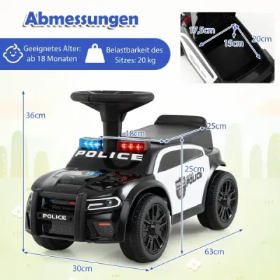 Policejní odrážedlo pro batolata, odrážedlo s blikajícími světly, hudbou, sirénou, černé