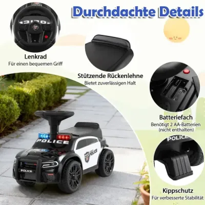 Policejní odrážedlo pro batolata, odrážedlo s blikajícími světly, hudbou, sirénou, černé