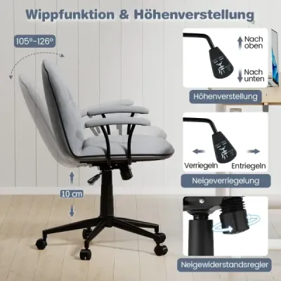 Ergonomická kancelářská židle, kancelářská židle z umělé kůže s polstrovanými područkami a širokým sedákem, šedá