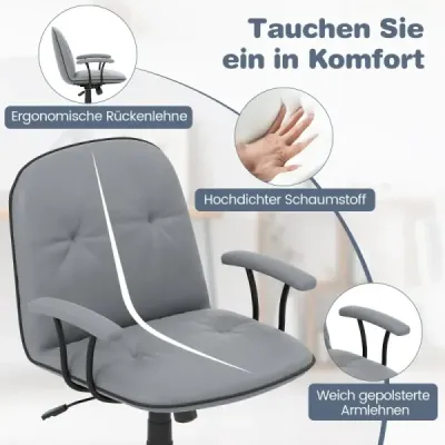 Ergonomická kancelářská židle, kancelářská židle z umělé kůže s polstrovanými područkami a širokým sedákem, šedá