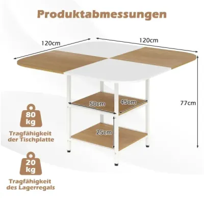 Jídelní stůl, kuchyňský stůl se 2 policemi, čtvercový jídelní stůl pro 4 osoby, do jídelny, 120 x 120 x 77 cm