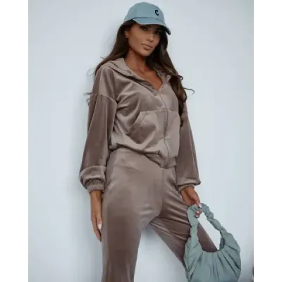 Dvoudílná sametová souprava s rozšířenými kalhotami, cappuccin MODA821144