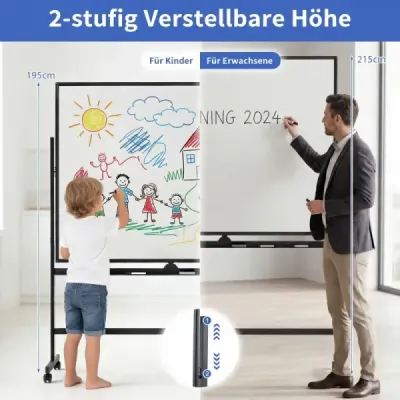 Mobilní bílá tabule, oboustranná magnetická tabule se stojanem, 2 nastavitelné výšky, černá