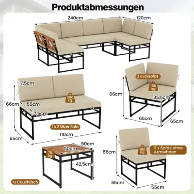 6dílná venkovní zahradní sedací souprava s kovovým rámem, polštáři a sedákem s bungee lanem, béžová