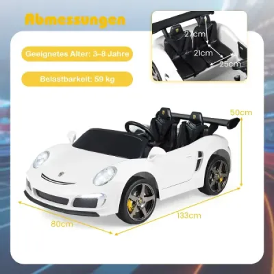 Dětské elektrické auto RUF s licencí, 12V bateriové elektrické vozidlo s dálkovým ovládáním pro rodiče, bílé