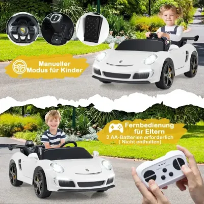 Dětské elektrické auto RUF s licencí, 12V bateriové elektrické vozidlo s dálkovým ovládáním pro rodiče, bílé