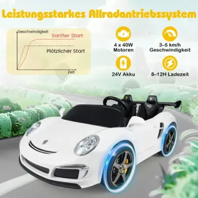 Dětské elektrické auto RUF s licencí, 12V bateriové elektrické vozidlo s dálkovým ovládáním pro rodiče, bílé
