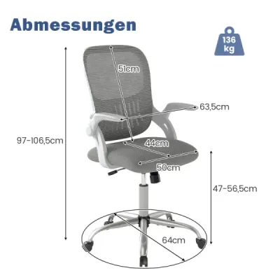 Ergonomická kancelářská židle se skládacími područkami a houpací funkcí, počítačová židle, šedá
