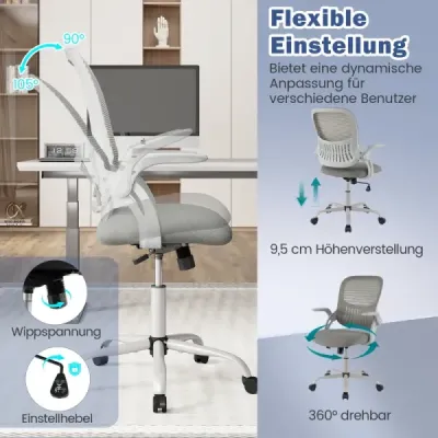 Ergonomická kancelářská židle se skládacími područkami a houpací funkcí, počítačová židle, šedá