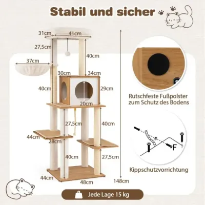 148 cm vysoký moderní kočičí škrabadlo se sisalovými škrabadly, jeskyní a košíkem