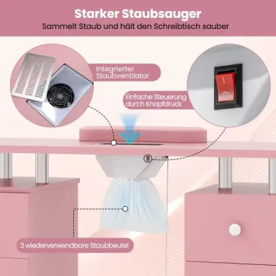Manikúrní stůl s elektrickým odsáváním prachu, opěrkou zápěstí a zásuvkami, růžový nehtový stůl