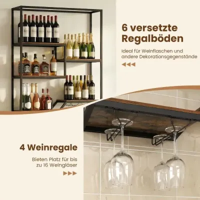 Nástěnný stojan na víno s úložným prostorem pro lahve a sklenice, 6patrový závěsný stojan, rustikální hnědá