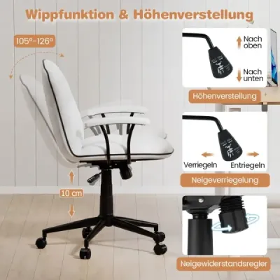 Ergonomická kancelářská židle, kancelářská židle z umělé kůže s polstrovanými područkami a širokým sedákem, bílá