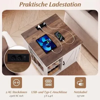 Farmářský noční stolek s nabíjecí stanicí, noční stolek s nastavitelnou policí, skříňka a dvířka stodoly, bílý