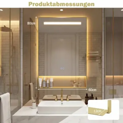 LED koupelnové zrcadlo se 3 barvami světla a nastavitelným jasem, nástěnné kosmetické zrcadlo, 80 x 60 cm