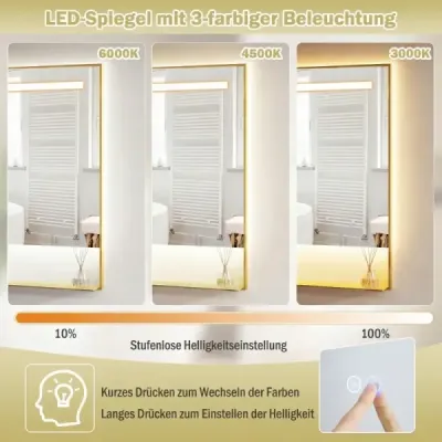 LED koupelnové zrcadlo se 3 barvami světla a nastavitelným jasem, nástěnné kosmetické zrcadlo, 80 x 60 cm