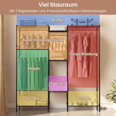 Přenosná šatní skříň, přestavitelná organizér na oblečení s tvarem L a horizontální montáží, černá