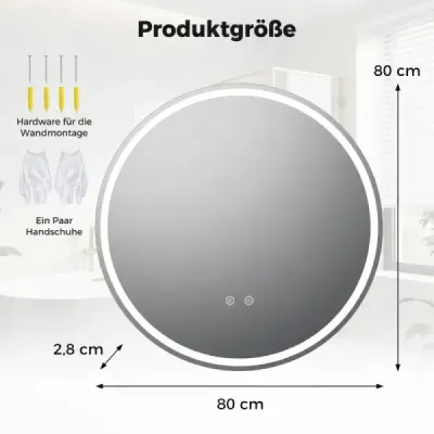 Kulaté zrcadlo s LED osvětlením, Ø80 cm, nastavitelným jasem a dotykovým spínačem