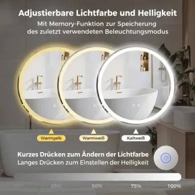 Kulaté zrcadlo s LED osvětlením, Ø80 cm, nastavitelným jasem a dotykovým spínačem