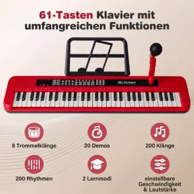61klávesový dětský klavírní klávesový nástroj do interiéru s nastavitelným stojanem a mikrofonem, červený
