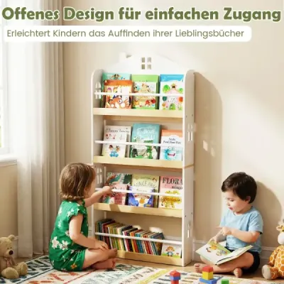 Dětská knihovna ve tvaru domu s ochranou proti pádu a kovovými tyčemi Montessori dětská knihovna