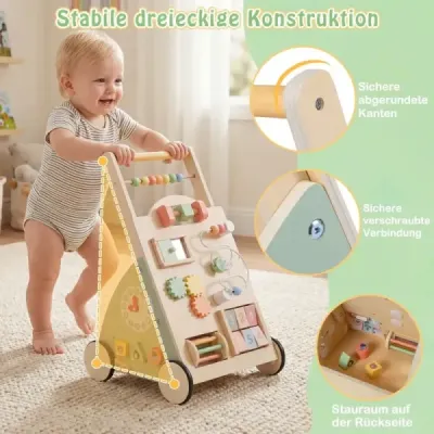 Dřevěné dětské chodítko s kolečky a úložným košíkem, chodítko pro miminka