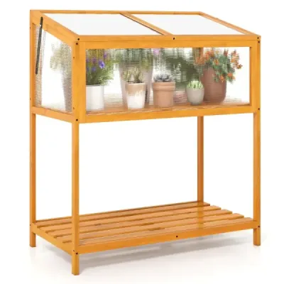 Dřevěný vyvýšený záhon s ochrannou konstrukcí a průhlednou a výklopnou střechou, skleník, oranžový, 90 x 50,5 x 105 cm