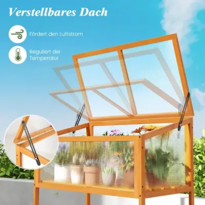 Dřevěný vyvýšený záhon s ochrannou konstrukcí a průhlednou a výklopnou střechou, skleník, oranžový, 90 x 50,5 x 105 cm