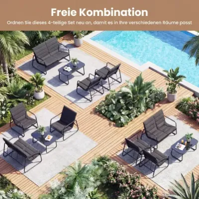 Zahradní nábytek, sada se 2 židlemi, lavicí, stolem a polštáři, venkovní lounge nábytek, sedací souprava, šedá