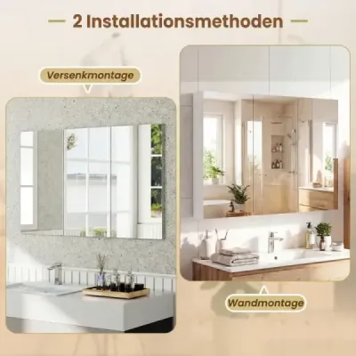 Nástěnná zrcadlová skříňka 87 cm se 3 dvířky, vestavná koupelnová zrcadlová skříňka se 6 přihrádkami, bílá