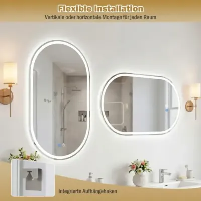 90 x 55 cm Osvětlené koupelnové zrcadlo s funkcí proti zamlžování, nástěnné zrcadlo, oválné zrcadlo