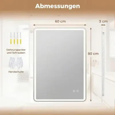 Koupelnové zrcadlo s LED osvětlením a proti zamlžování, nástěnné zrcadlo z tvrzeného skla, 80 x 60 x 3 cm