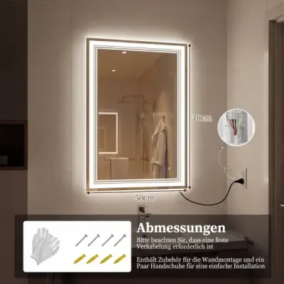 Obdélníkové koupelnové zrcadlo s LED osvětlením, proti zamlžování a paměťovou funkcí, nástěnné zrcadlo 70 x 50 cm