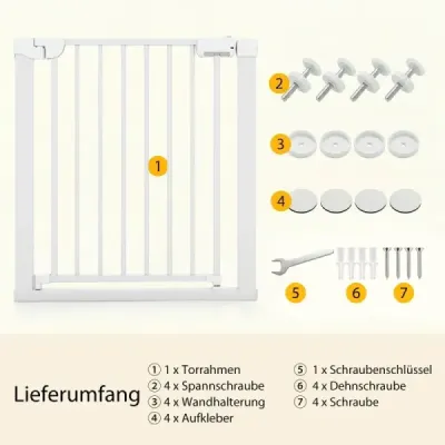 Schodišťová branka bez vrtání, šířka 75-82 cm, bezpečnostní branka s automatickým zavíráním, bílá