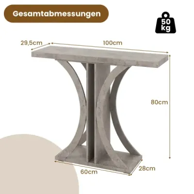 Úzký konzolový stolek s geometrickým kovovým rámem v industriálním stylu, stolek k předsíni, stolek k pohovce, šedý