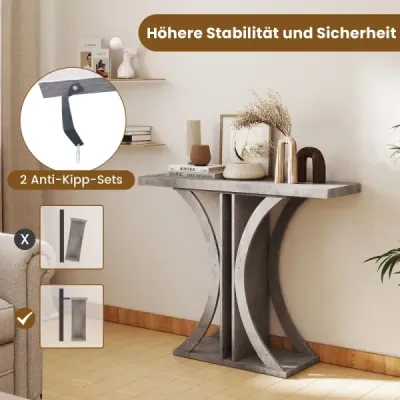 Úzký konzolový stolek s geometrickým kovovým rámem v industriálním stylu, stolek k předsíni, stolek k pohovce, šedý