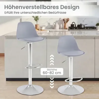 Sada 2 barových židlí, otočná barová židle o 360°, výškově nastavitelná barová stolička, kuchyňská stolička, šedá
