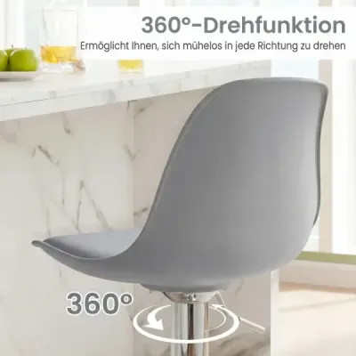Sada 2 barových židlí, otočná barová židle o 360°, výškově nastavitelná barová stolička, kuchyňská stolička, šedá